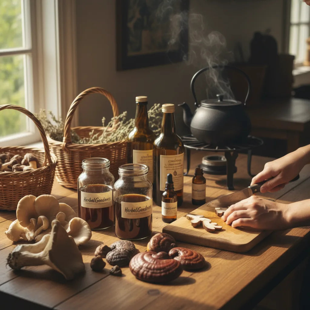 Hands creating mushroom tincture with sunlight
