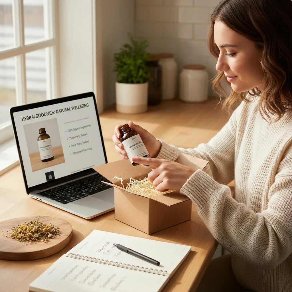 Unboxing HerbalGoodness drops near laptop listing