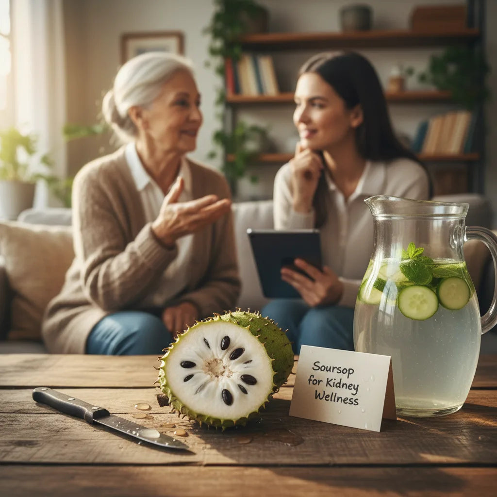Fresh soursop and people discussing wellness