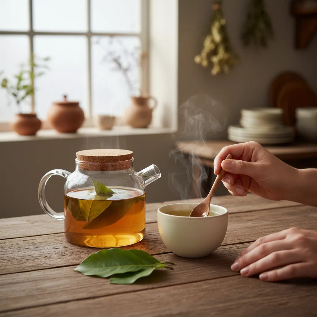 Steaming soursop tea prepared at sunrise