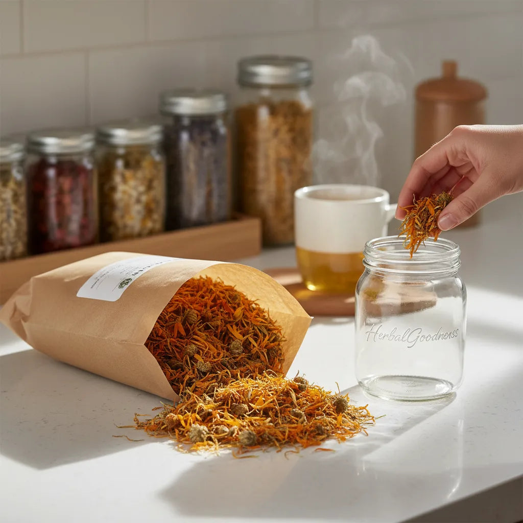 Hand scooping calendula petals for tea