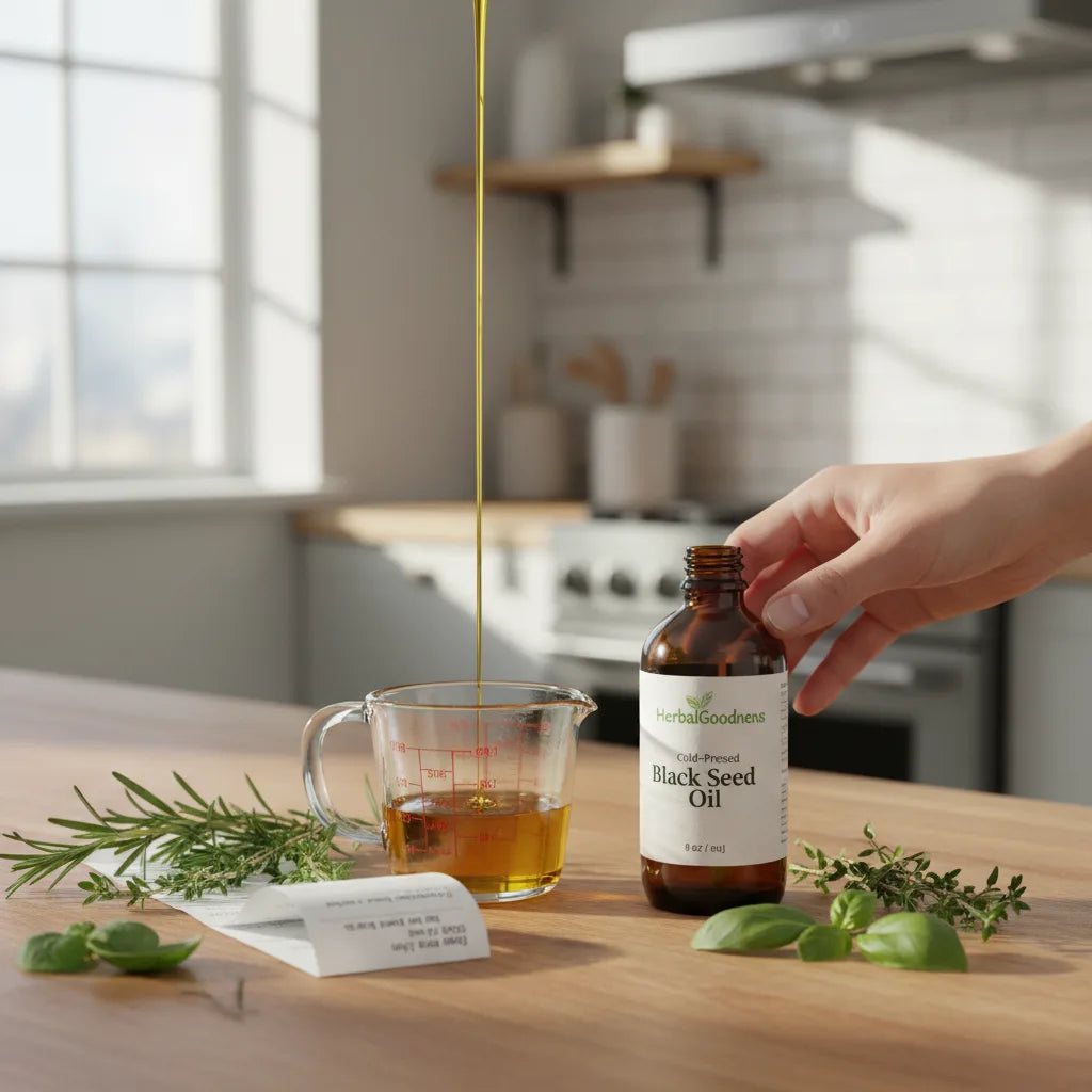 Pouring black seed oil near fresh herbs