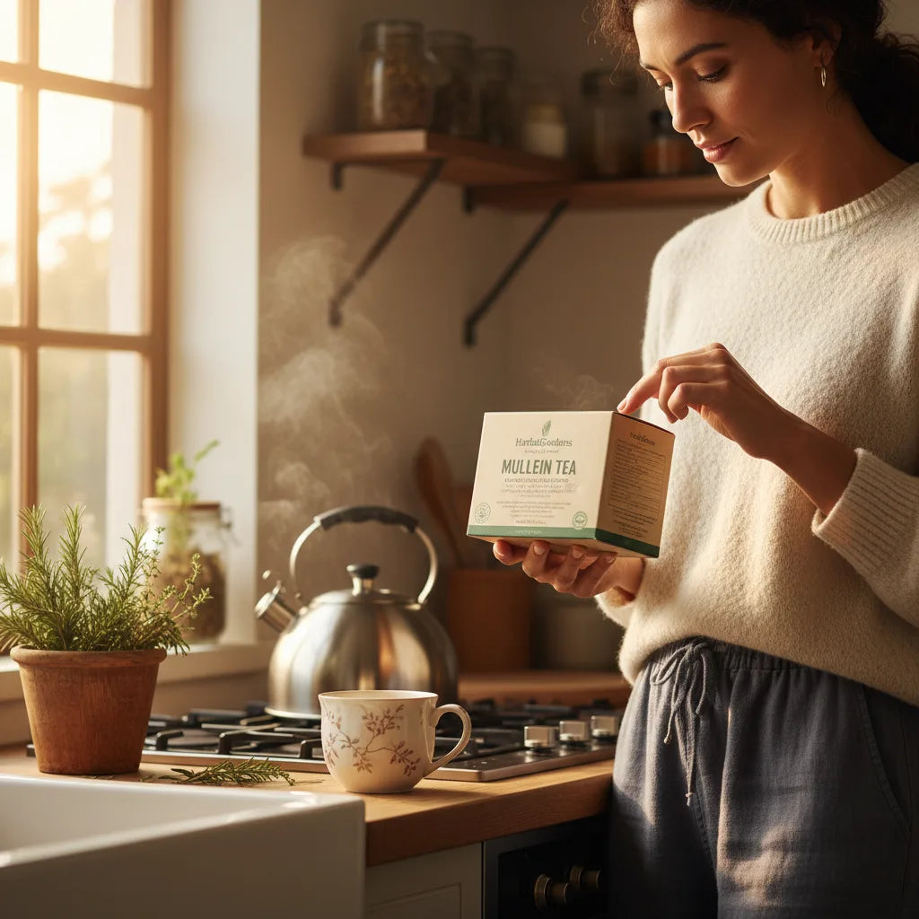 Person reading mullein tea box label thoughtfully