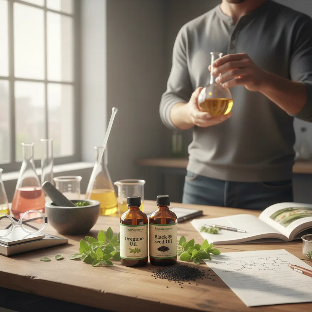 Researcher tests herbal oils in laboratory
