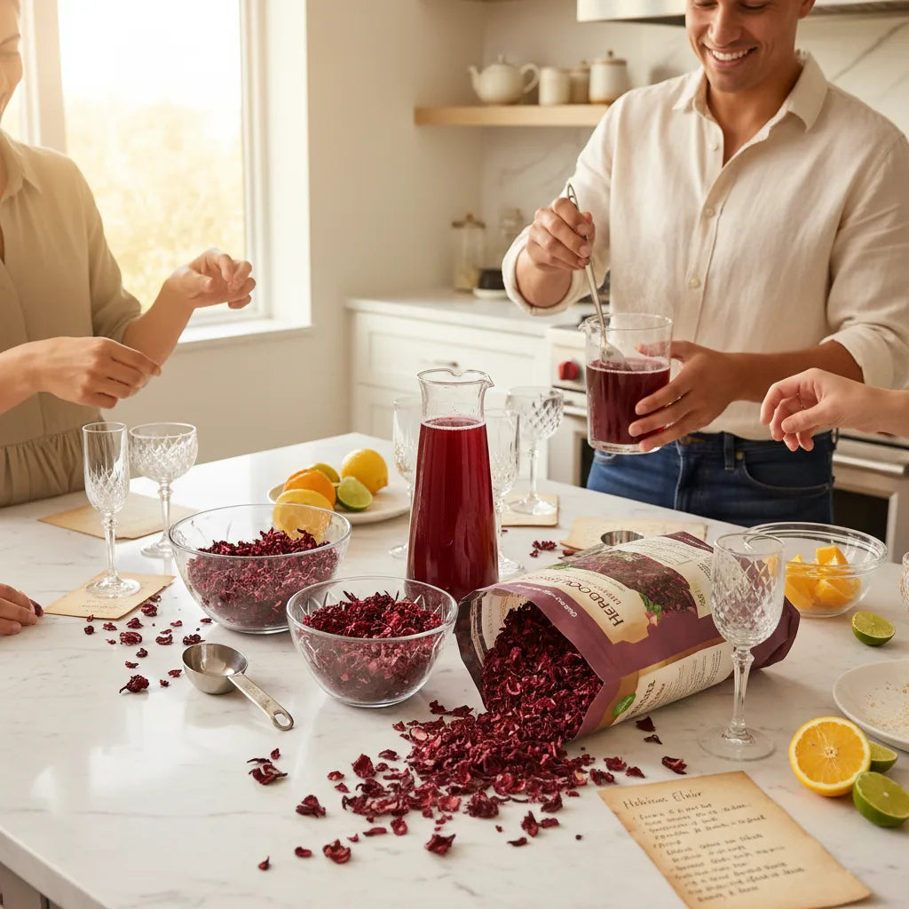 Party host prepares dried hibiscus drink