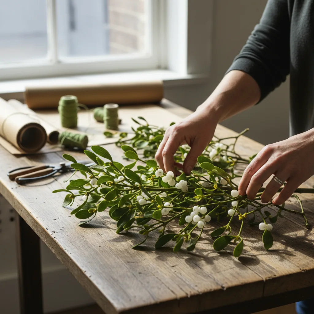 Fresh mistletoe sorted on rustic wood table