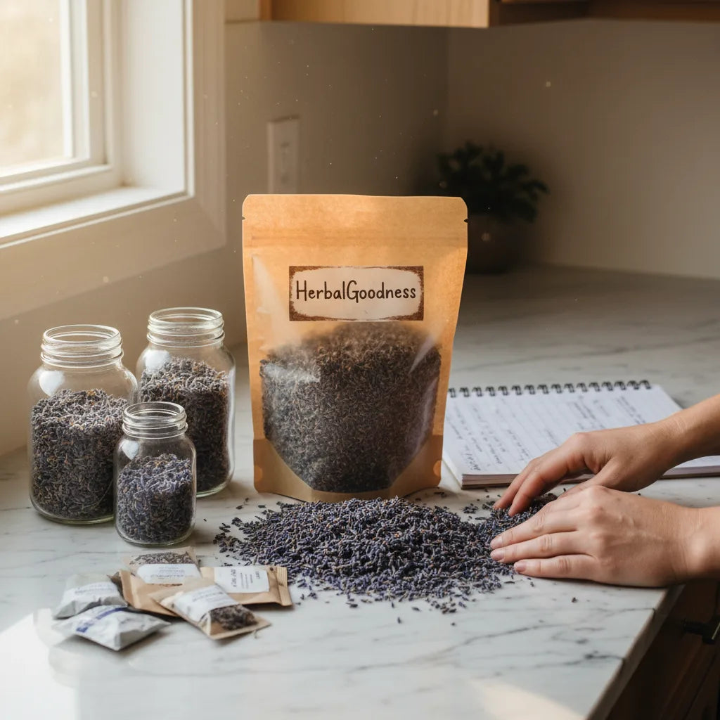 Bulk lavender flowers assessed on kitchen counter