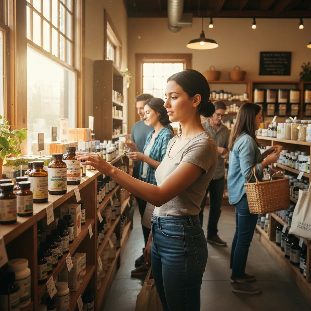 Shoppers browsing herbal supplements at co-op