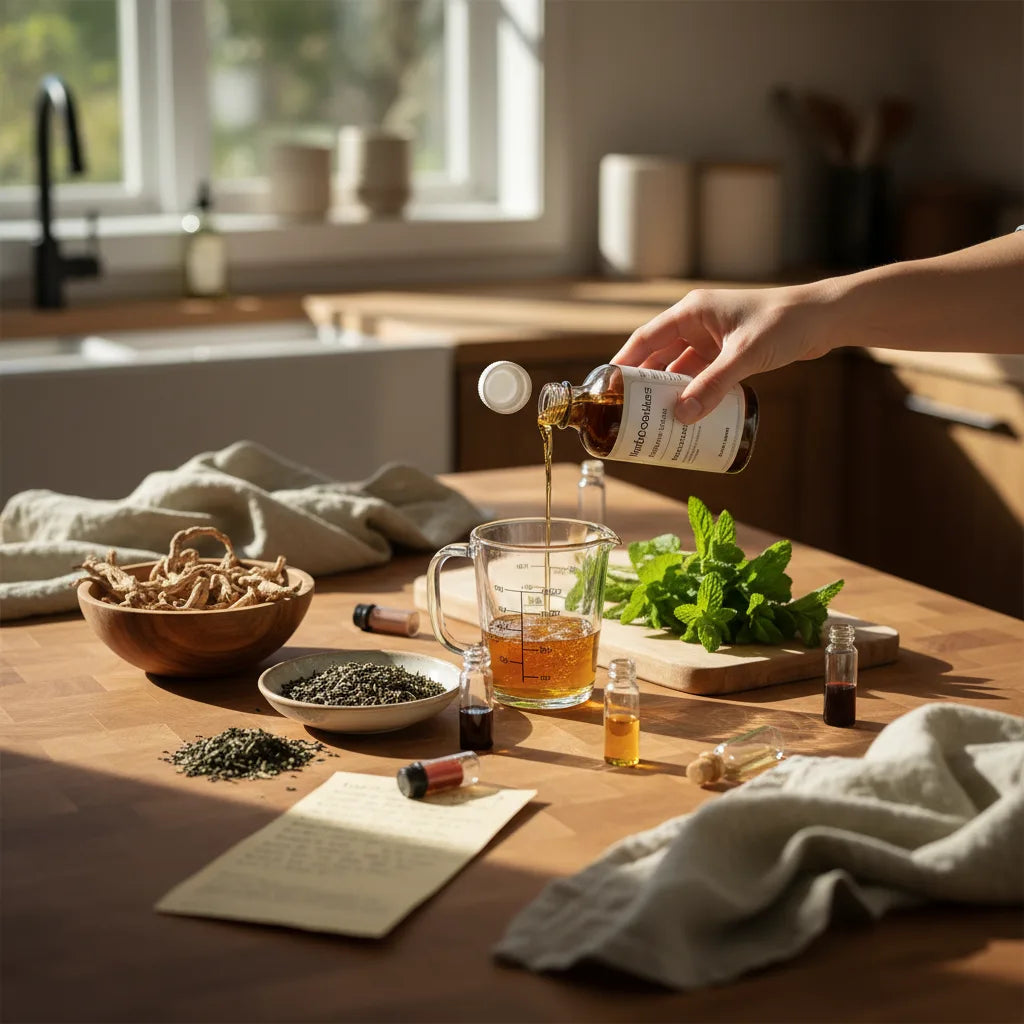 Maker pouring ashwagandha extract among ingredients
