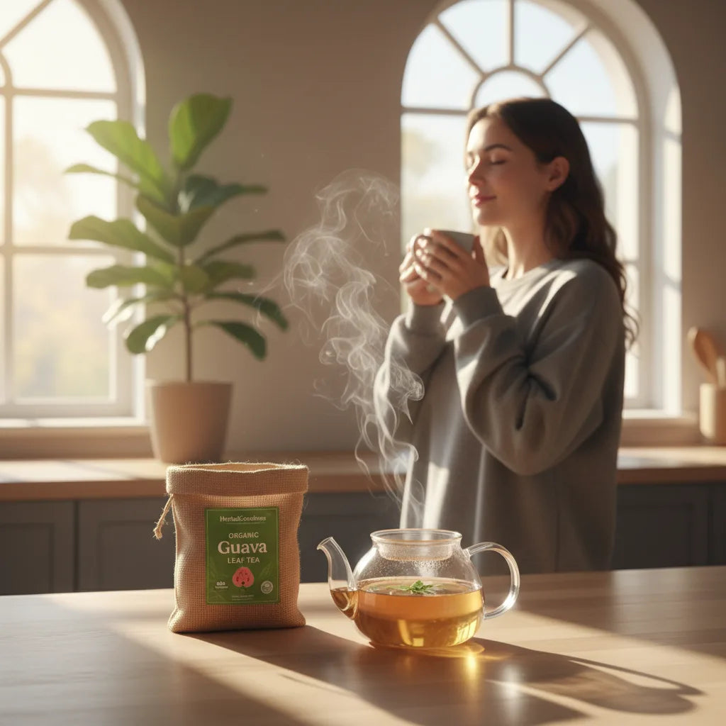 Morning guava tea ritual in sunlit kitchen