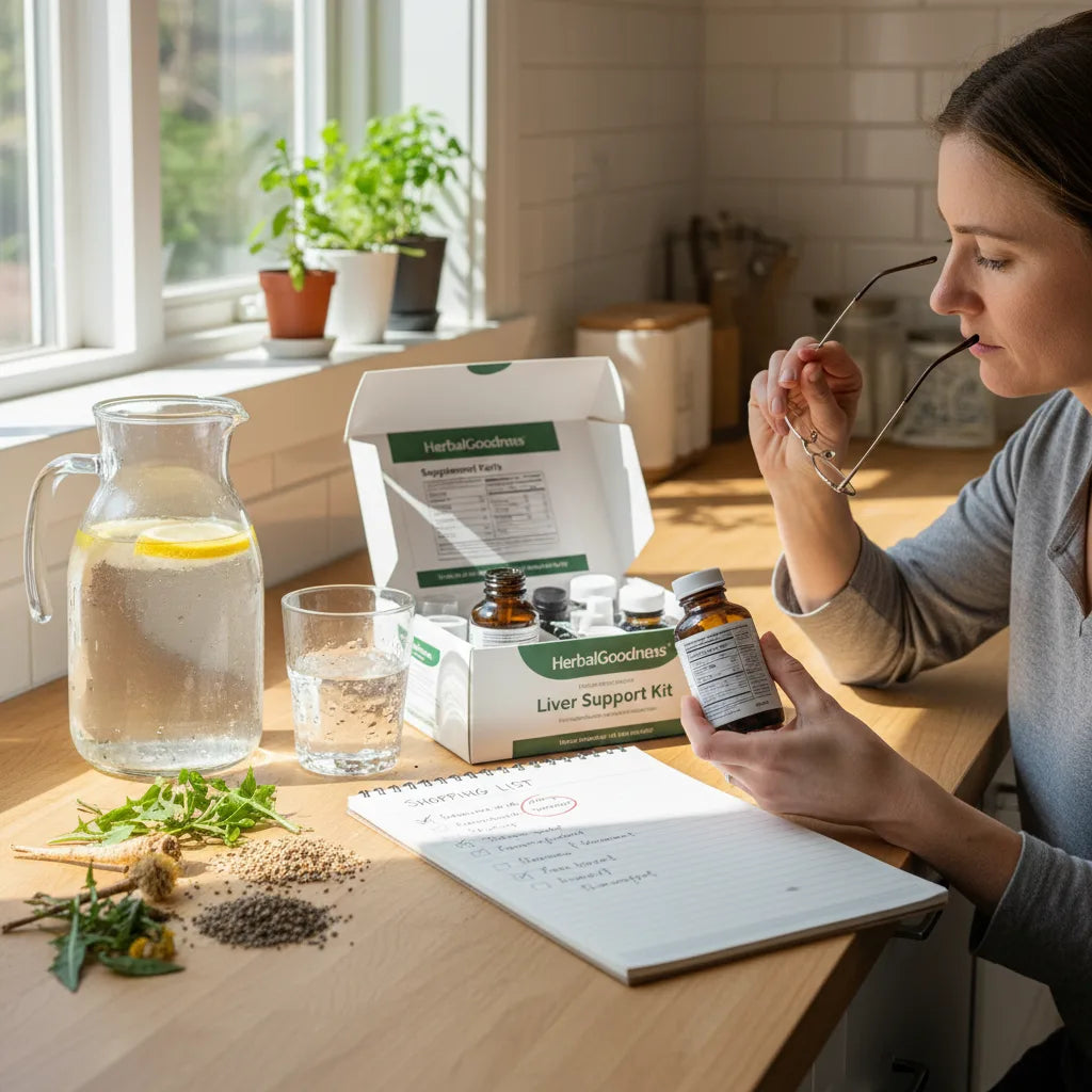 Shopper examining supplement kit ingredients in kitchen