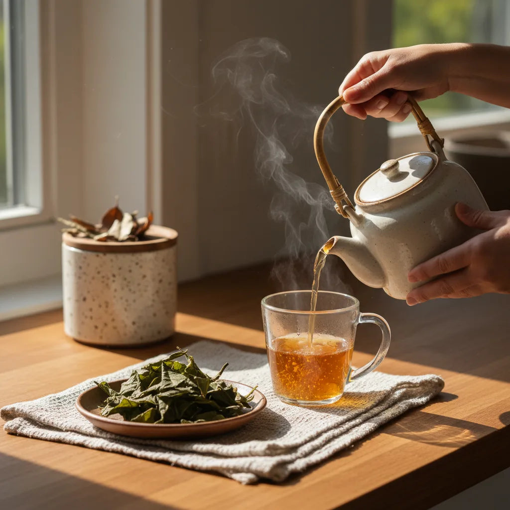 Pouring guava leaf tea in kitchen