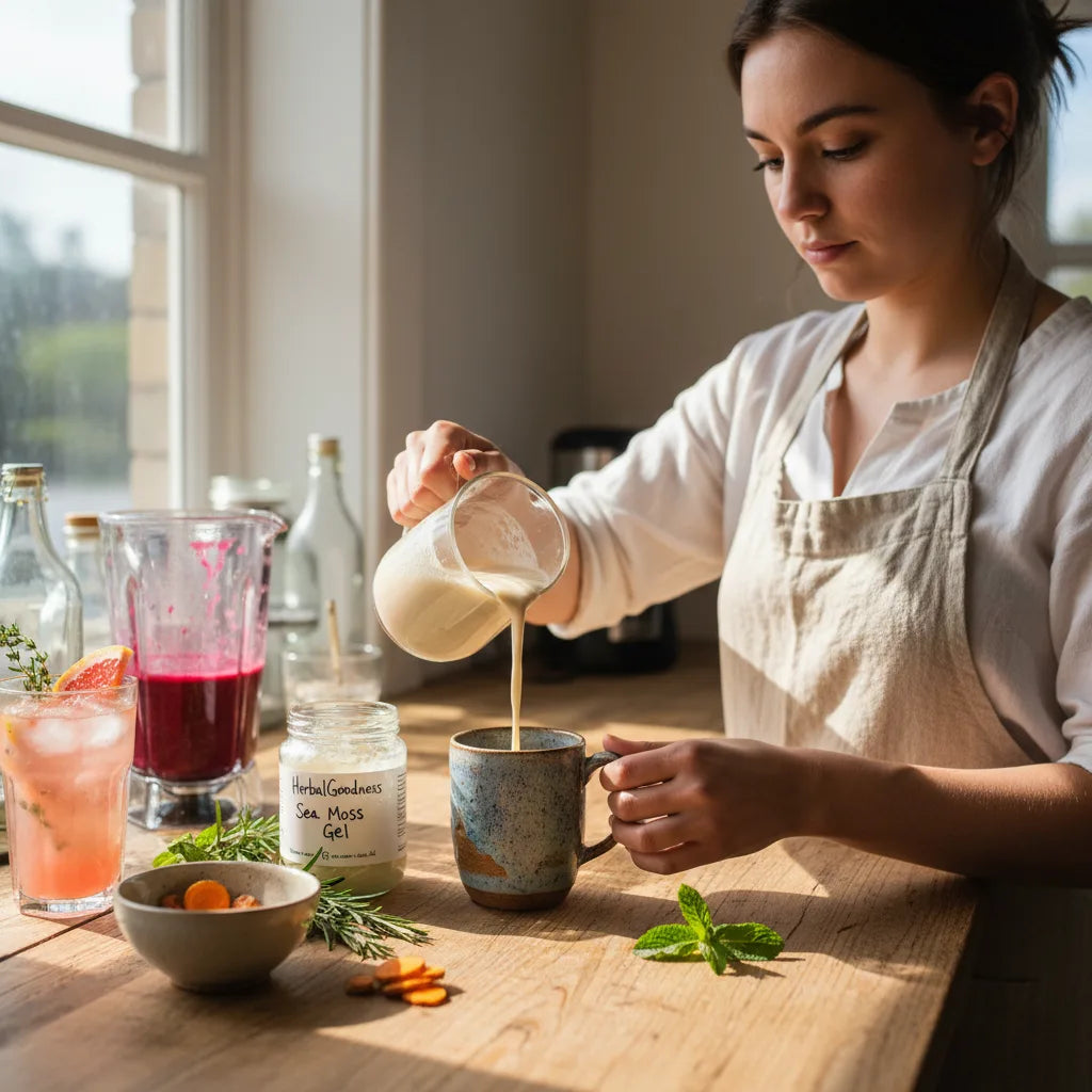 Woman pouring sea moss latte morning light