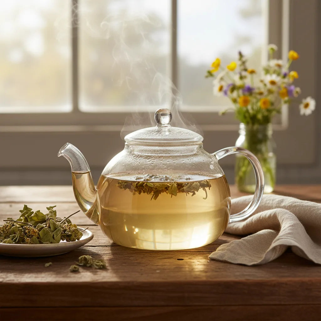 Golden mullein tea steams on rustic table