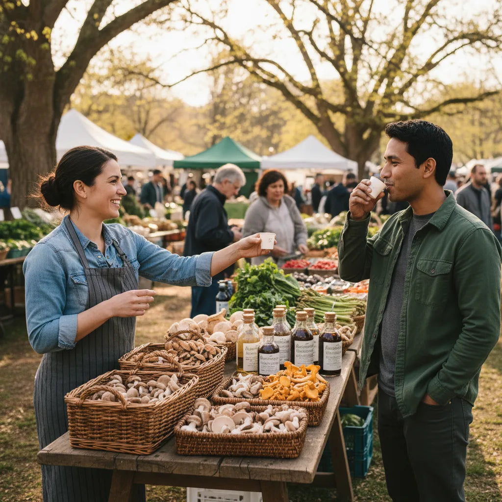 Farmer’s market with mushrooms and herbal extracts