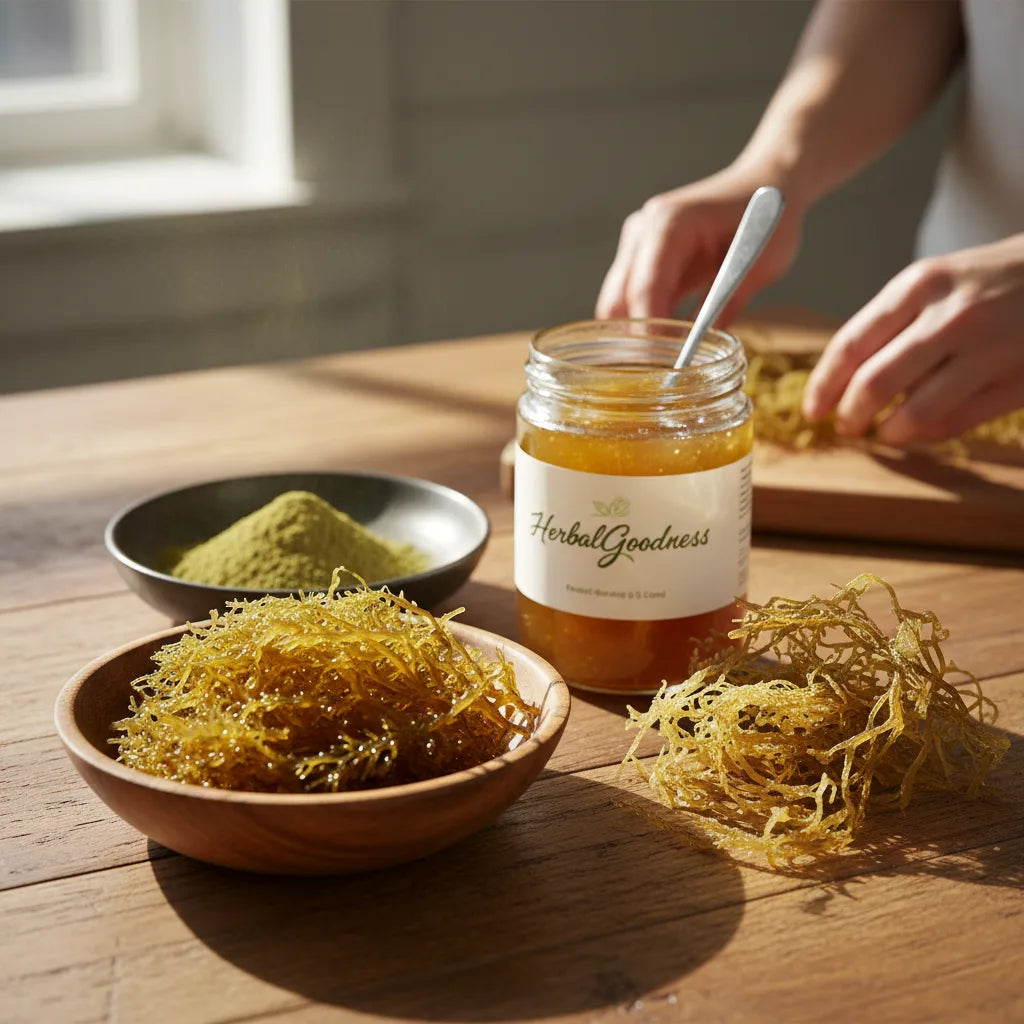 Four sea moss formats on kitchen table
