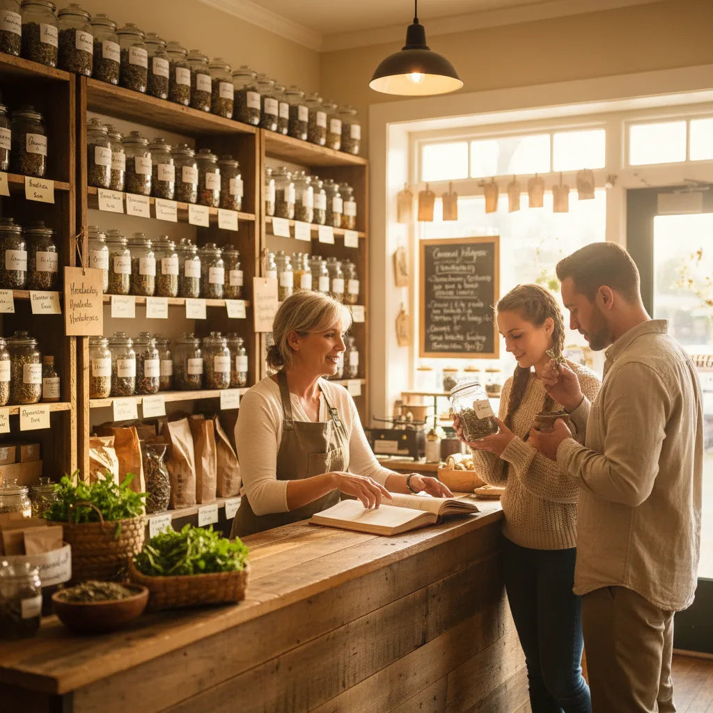 Friendly herbalist explains products in store