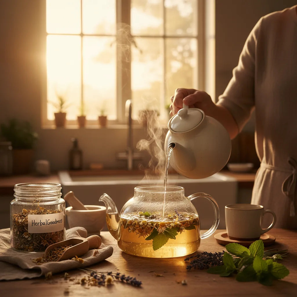 Person brews herbal tea in sunlit kitchen