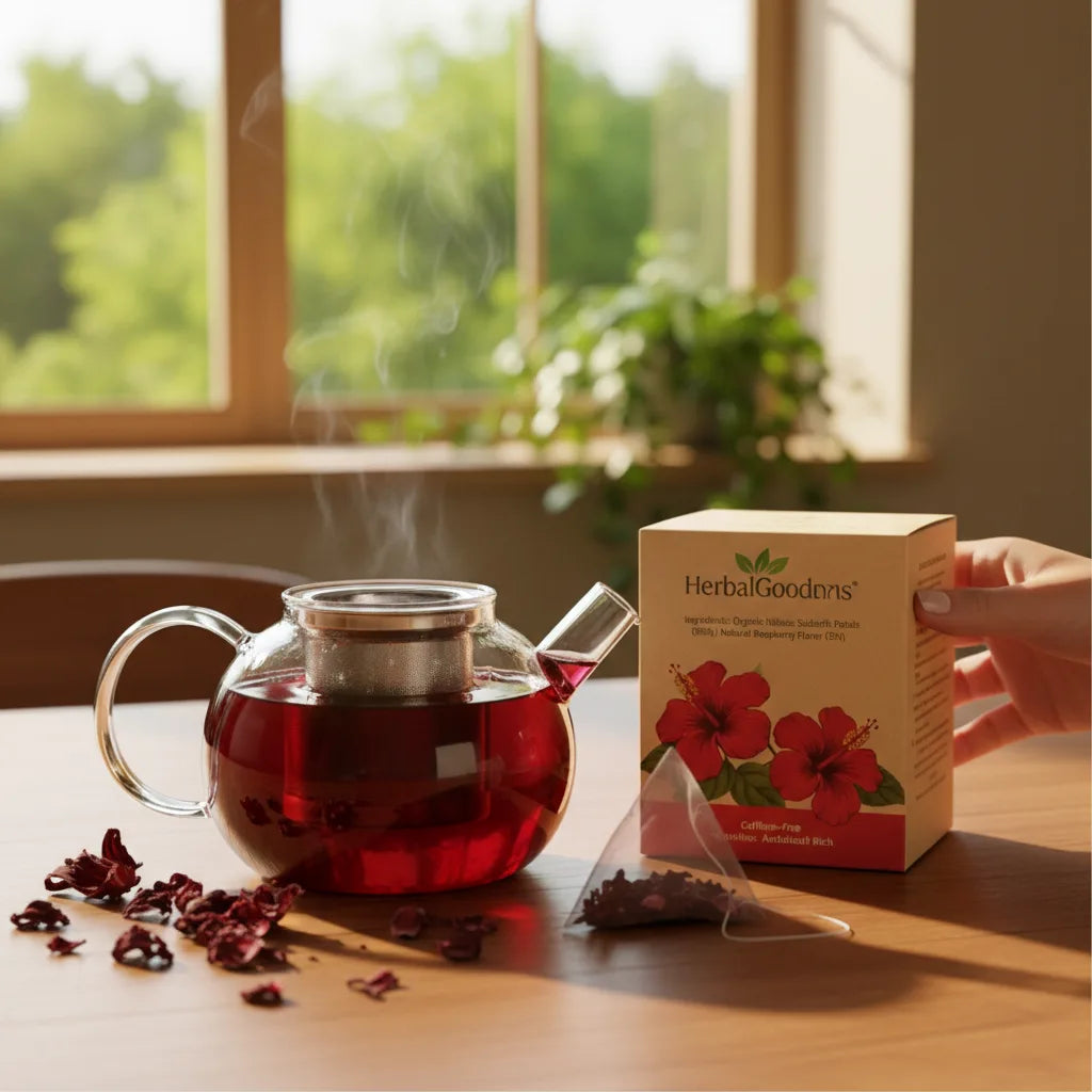 Hand reading hibiscus tea ingredient label