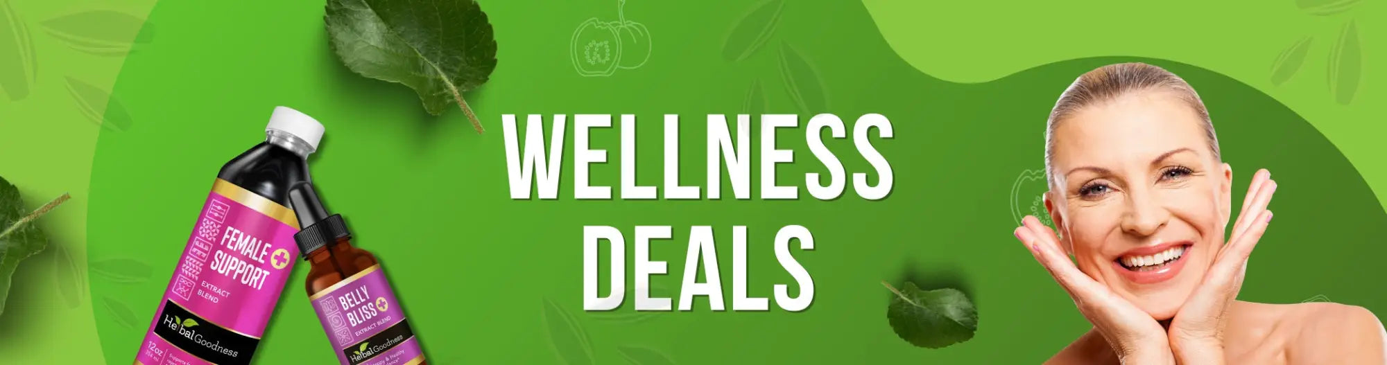 Pink and purple labeled female support supplement bottles with detox papaya leaf extract and soursop against green background