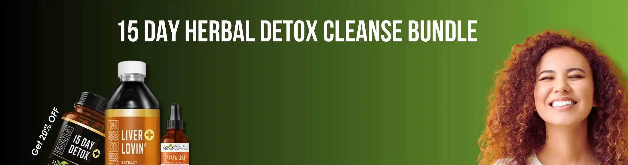 The 15 day herbal detox cleanse bundle features a dark amber bottle labeled ’liver lovin’’ alongside two smaller bottles, all set against a vibrant green background.