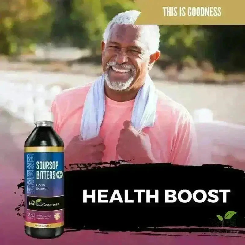 A dark glass bottle of herbalgoodness soursop bitters with a blue and gold label to promote digestive balance in the soursop detox stack