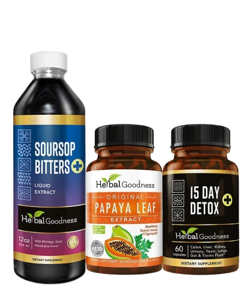 Healgoodness soursop bitters 15x liquid extract in dark glass bottle with blue-purple label for herbal goodness reset kit