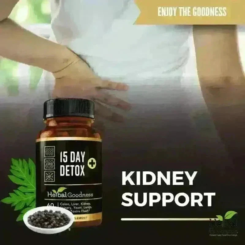 Dark amber glass bottle with black cap and 15 day detox label for kidney support in 15 day herbal detox cleanse kit with herbal goodness