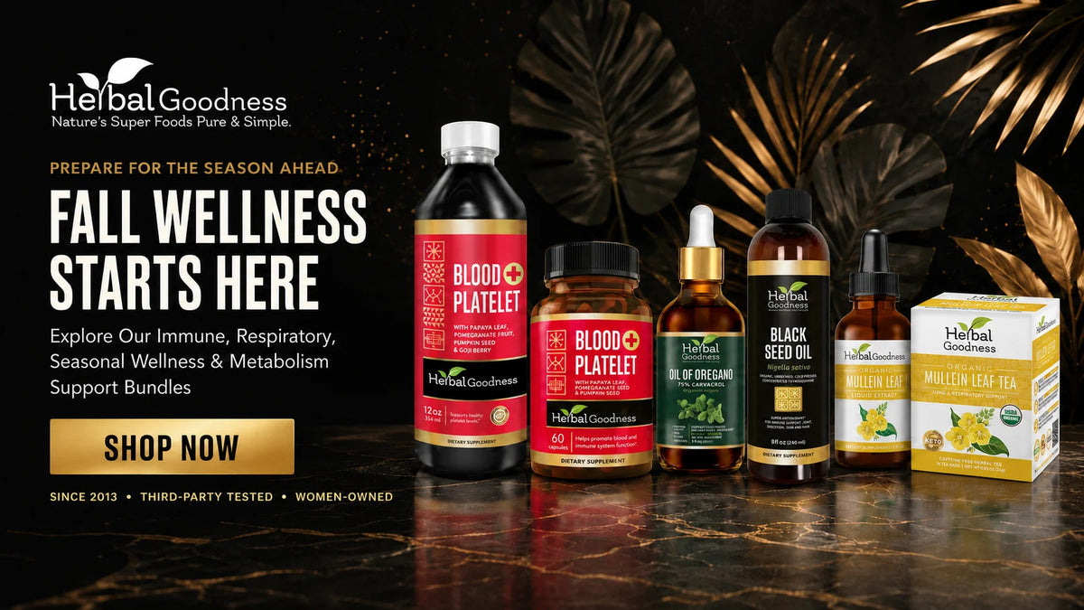 A promotional banner for Herbal Goodness wellness products, featuring a bottle of Blood Platelet, a jar of Blood Platelet, a bottle of Oil of Organics, a bottle of Black Seed Oil, and a box of Walmetin Leaf Tea, set against a dark background with gold palm leaves.