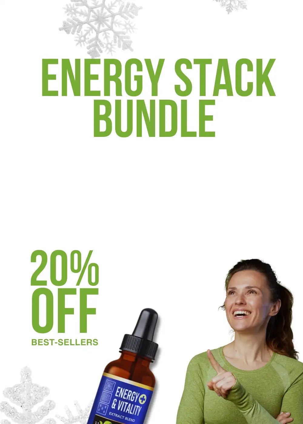 Amber glass bottle with black dropper cap and blue label reading ’energy & vitality extract blend’