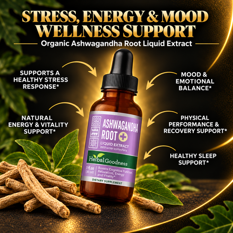 A purple-labeled amber glass bottle of herbalgoodness organic ashwagandha root liquid extract with black dropper cap