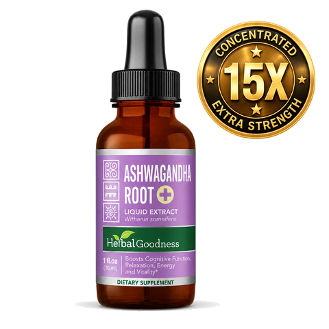 Amber glass bottle with black dropper cap and purple ashwagandha root liquid label for organic root liquid extract