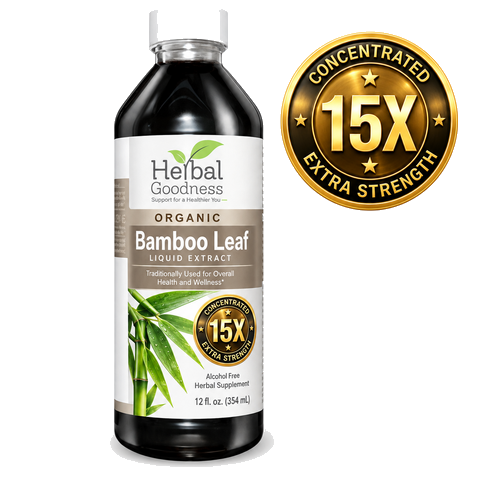 A dark amber glass bottle of herbal goodness bamboo leaf extract liquid with a white cap and green bamboo label