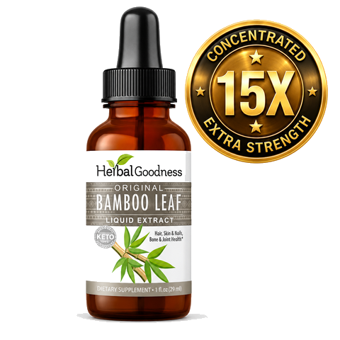 Herbalgoodness bamboo leaf extract liquid in amber glass dropper bottle with green bamboo label for silica collagen and biotin