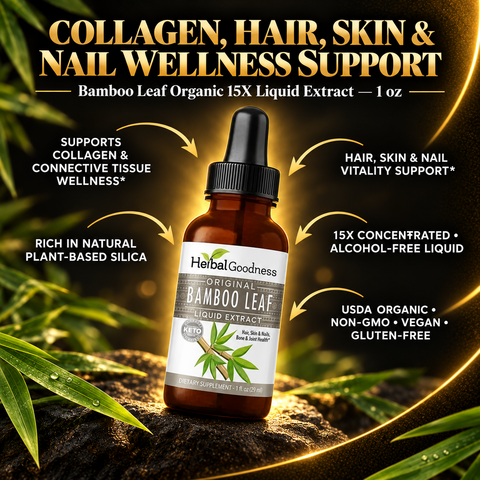 A brown glass bottle of herbalgoodness original bamboo leaf extract liquid with a white label and green bamboo graphics