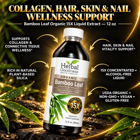 A dark amber glass bottle of herbal goodness bamboo leaf extract liquid with a white cap and organic label