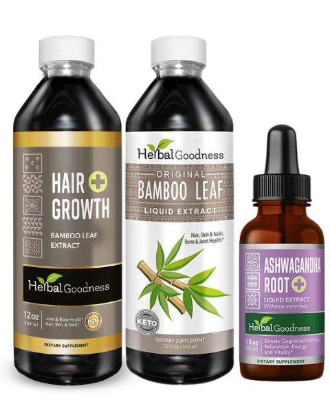 Herbal goodness beauty from within bundle with dark amber bamboo leaf tea extract and brown ashwagandha root dropper bottle for skin renewal