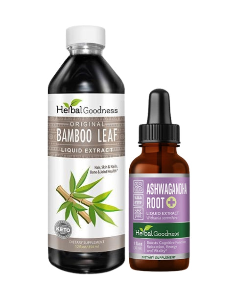 Herbal goodness beauty from within bundle with dark amber bamboo leaf tea extract and brown ashwagandha root dropper bottle for skin renewal