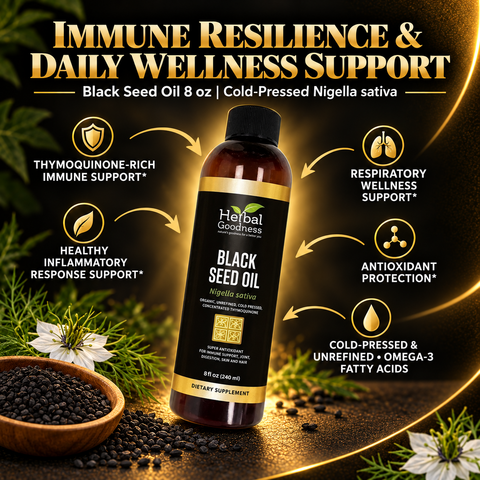 A sleek black bottle of herbal goodness black seed oil 8oz cold pressed super antioxidant for daily wellness