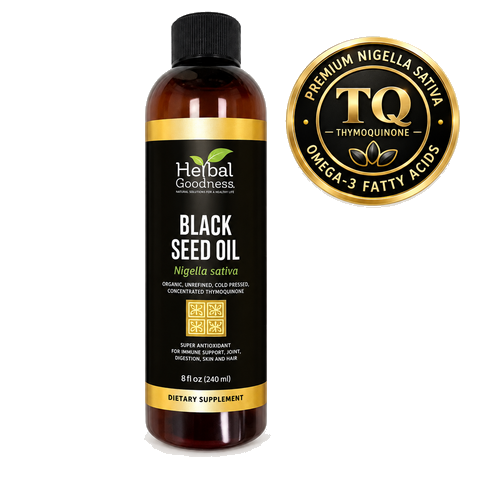 Herbal goodness black seed oil 8oz in dark amber glass bottle with black cap and gold accents organic cold-pressed super antioxidant