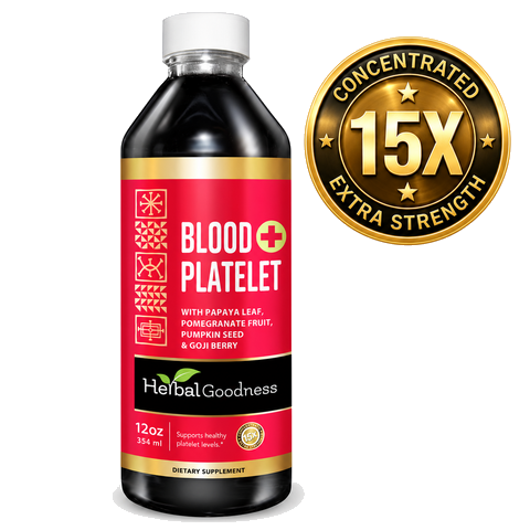 Dark glass bottle with white cap and red label featuring herbalgoodness blood platelet support with papaya leaf extract