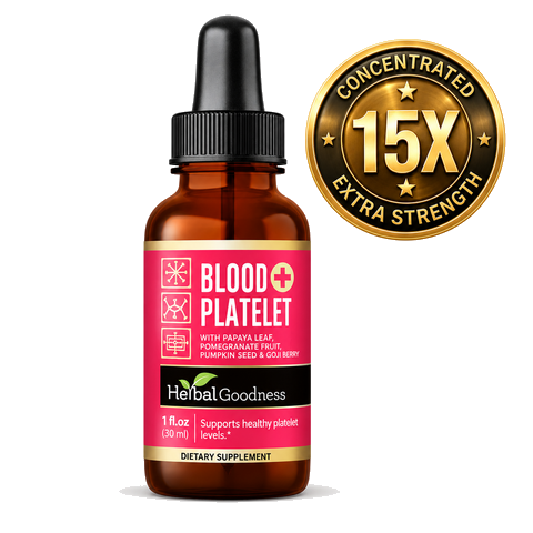 Amber glass bottle with black dropper cap and pink label herbal goodness blood platelet support with papaya leaf extract