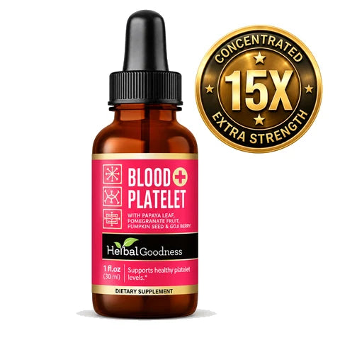 A brown glass bottle with black dropper and pink label of blood platelet support with papaya leaf for platelet production