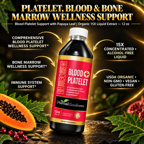 A dark glass bottle with white cap and red label of herbal goodness blood 12 oz organic papaya leaf extract for platelet production