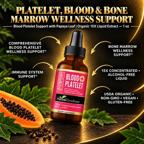 A brown glass bottle with black dropper and pink label of blood platelet support with papaya leaf for platelet production