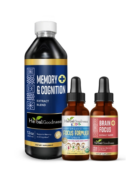 A set of three herbalgoodness liquid extract bottles including a large dark glass memory and cognition supplement plus two amber liquid focus formula dropper bottles