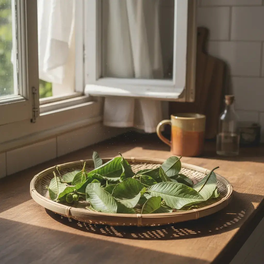 Guava leaves infusing in teapot