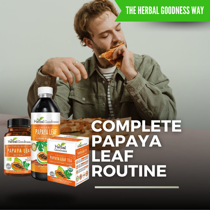 Complete Papaya System bundle – papaya leaf capsules, liquid extract, and tea by Herbal Goodness