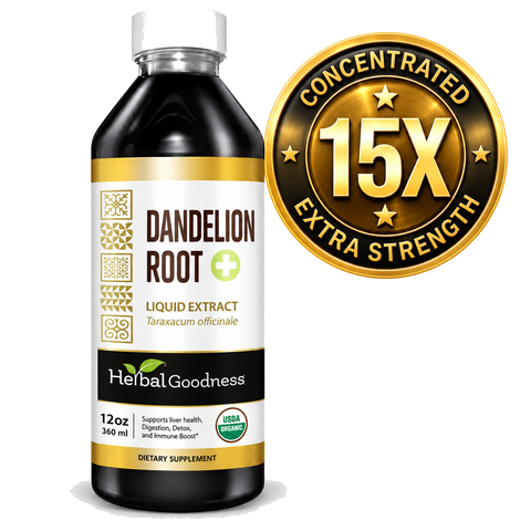 Dark amber glass bottle with white cap and gold label of organic dandelion root liquid extract by herbalgoodness