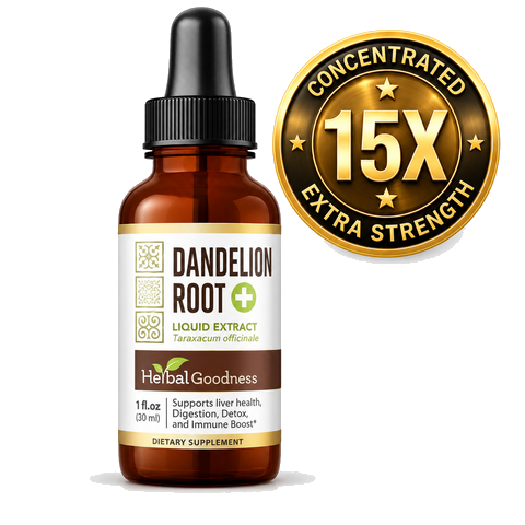 Amber glass bottle with black dropper cap and white label featuring dandelion root liquid extract by herbalgoodness organic dandelion root